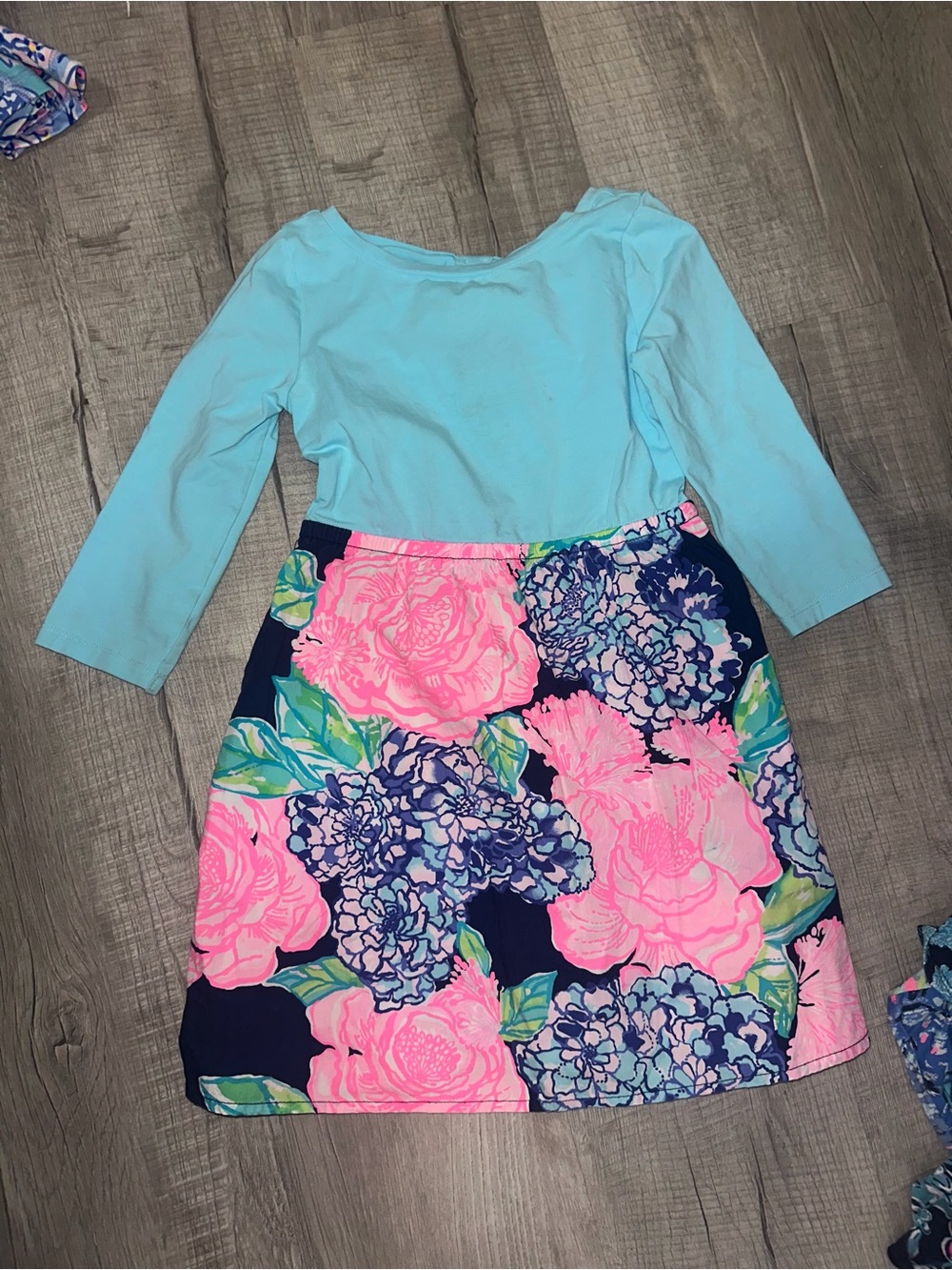 Lilly Pulitzer Aqua Top with Navy Floral Skirt Dress